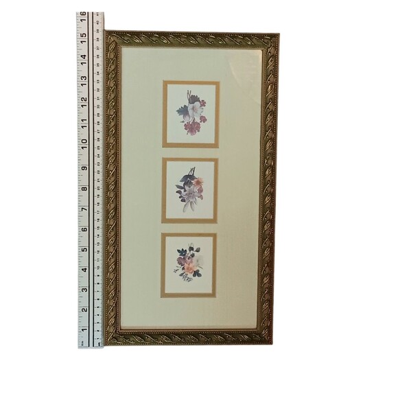 Vintage Flower Trio Prints Matted & Framed Beige Cream Background Gold Frame 15" - Picture 8 of 8